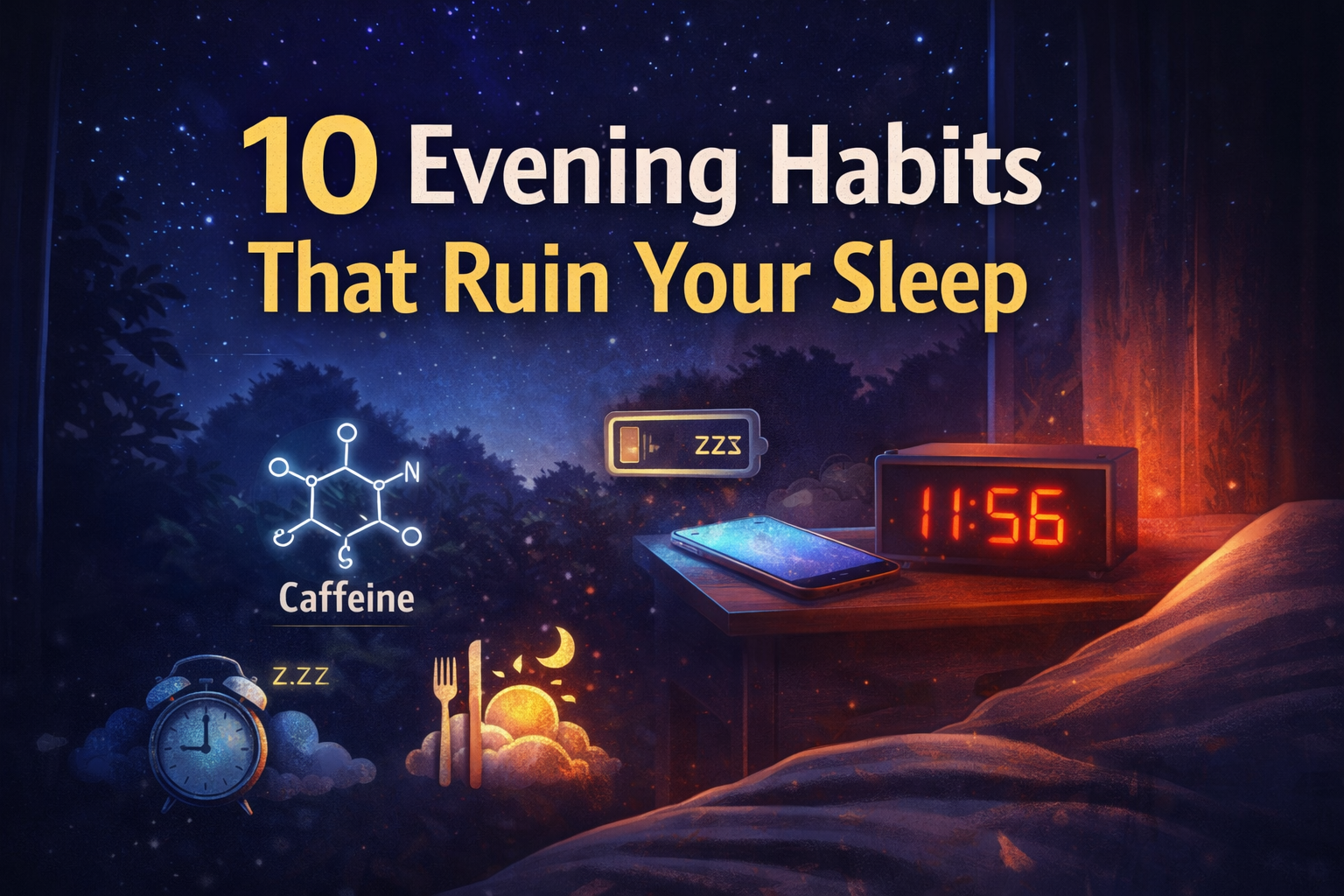graphic illustration showing evening habits that ruin sleep including caffeine, phone use, late night clock, and bedtime icons