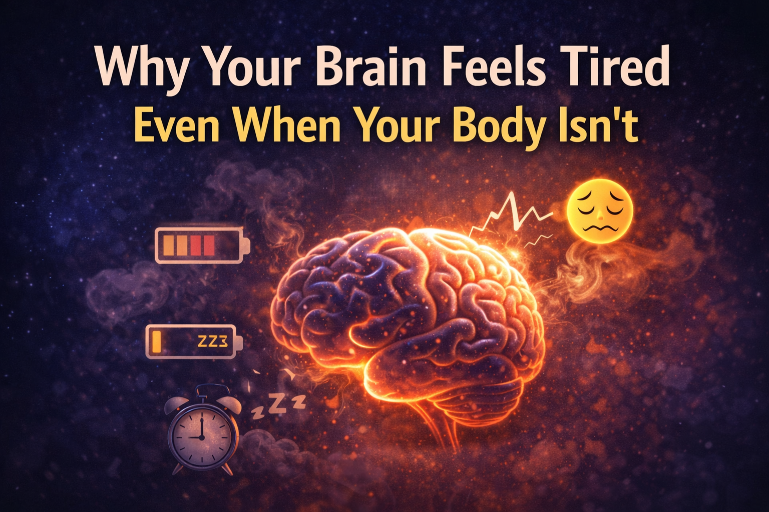 illustration showing brain fatigue concept with glowing brain icon, low energy symbols and focus indicators representing mental tiredness
