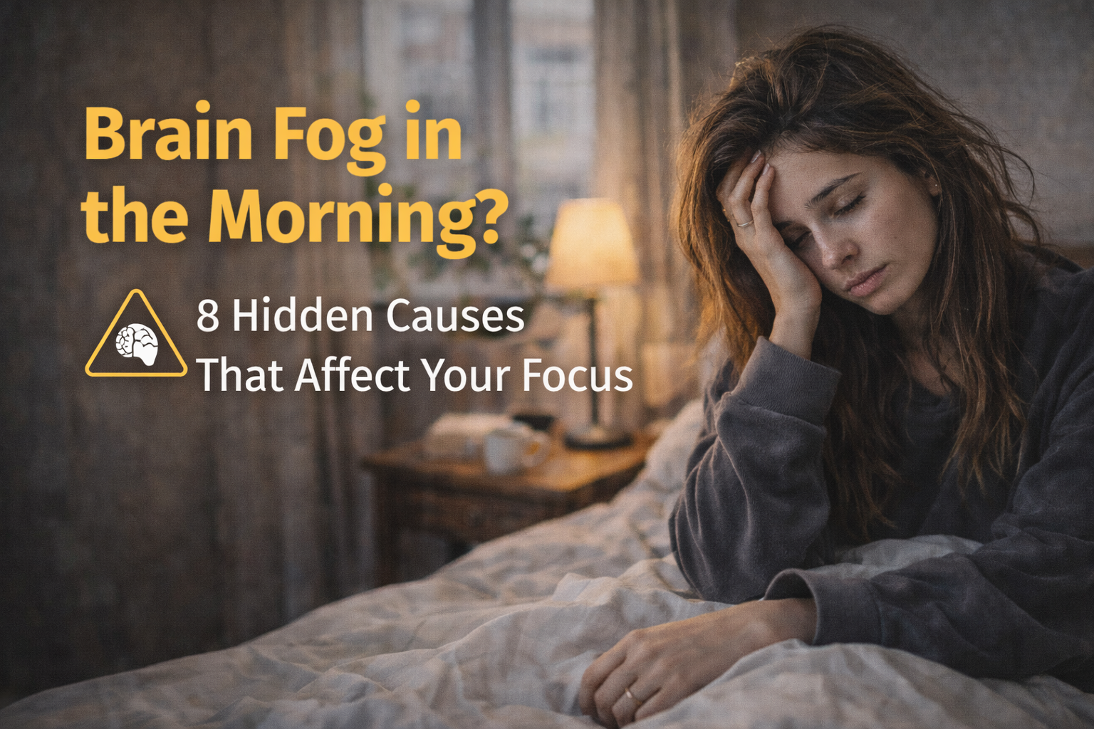 person waking up with brain fog mental fatigue slow thinking morning light bedroom scene