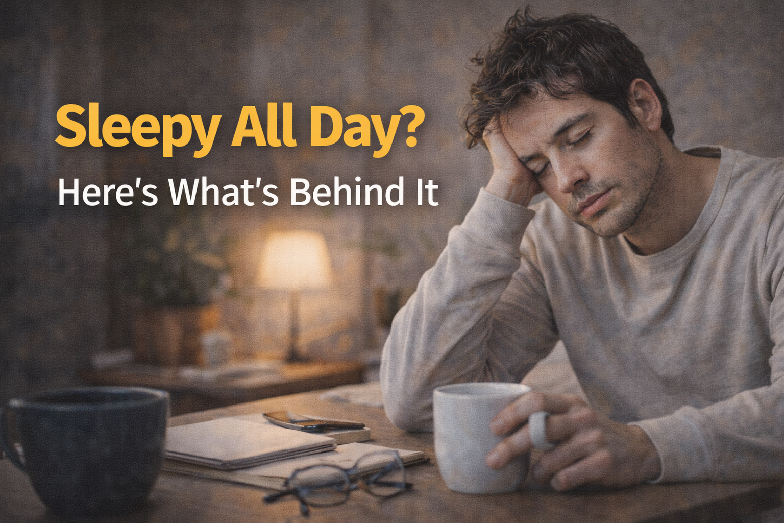 tired person feeling drowsy during the day in a realistic home setting with low energy