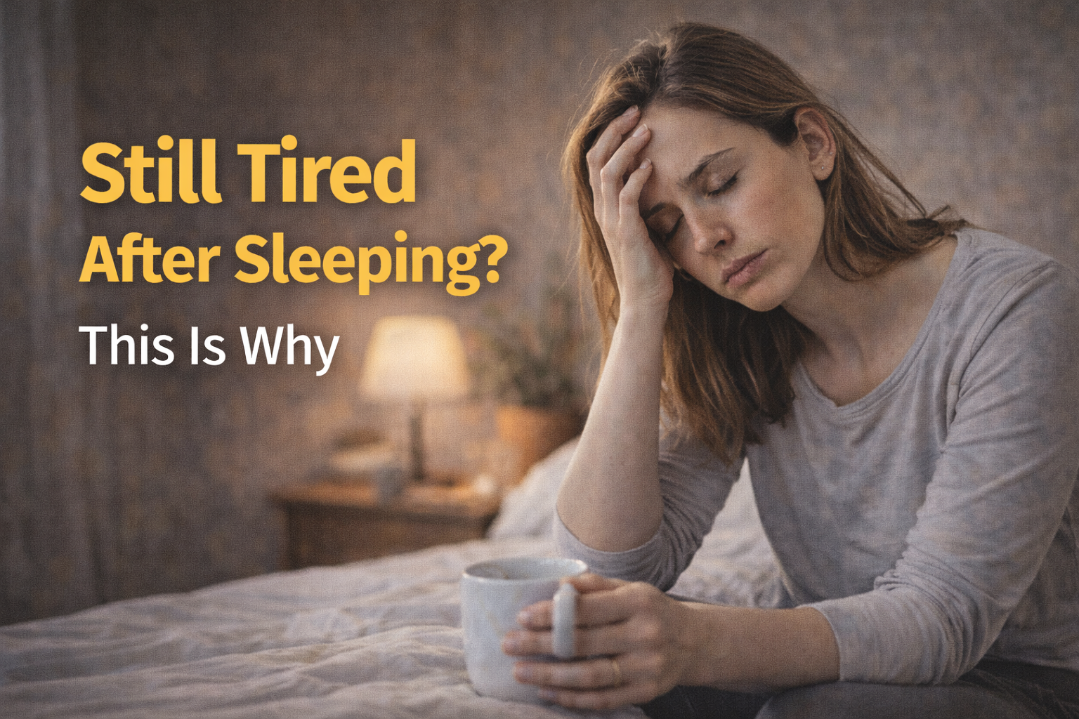 tired person sitting on bed in the morning with low energy after sleep in a realistic bedroom scene